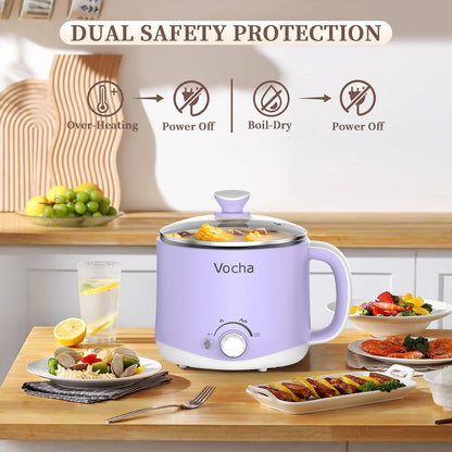 Vocha Electric Hot Pot 1.6L 600W Keep Warm Function Portable Travel Cooker Purple V016