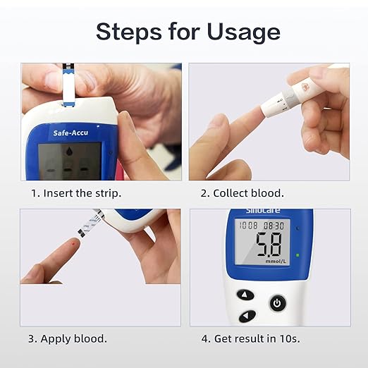 Step-by-step guide on using a Safe-Accu blood glucose meter with close-up images of each step.