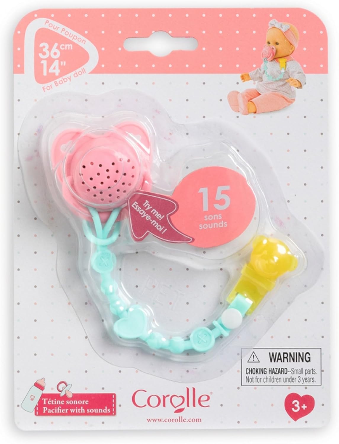 Corolle Baby Doll Pacifier with 15 Sounds - for 14" Baby Dolls, Pink/Blue