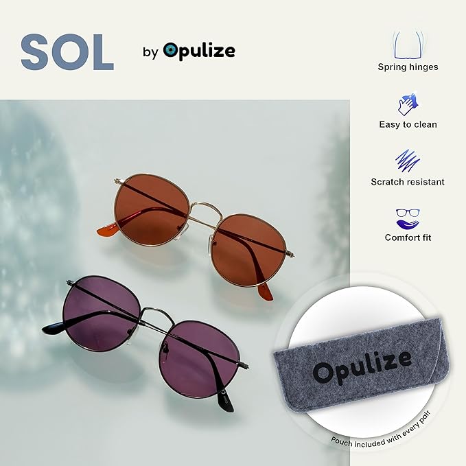 OPULIZE Sol Retro Round Sunglasses Gold Frame Brown Tips