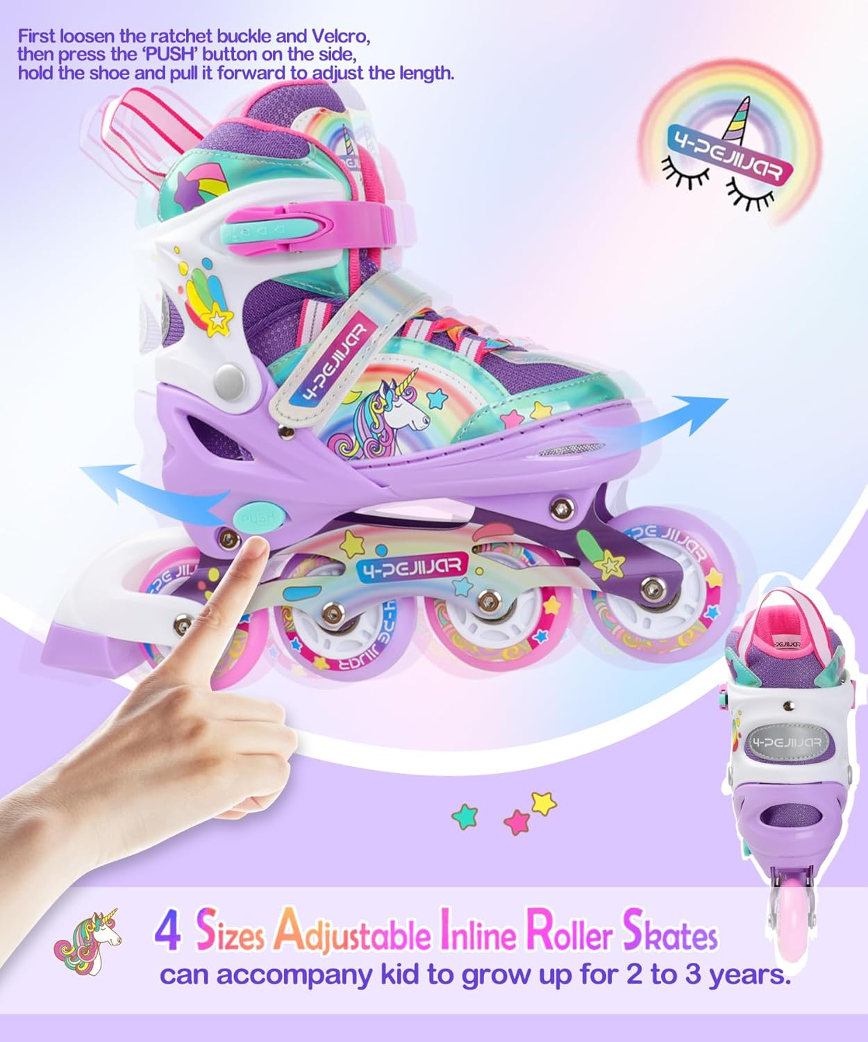 Adjustable Unicorn Rainbow Inline Skates for Girls with Luminous LED Wheels