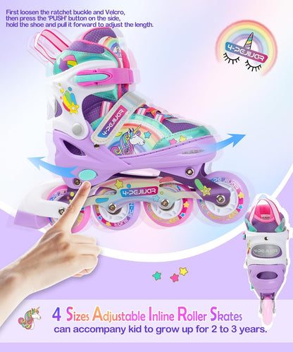 Adjustable Unicorn Rainbow Inline Skates for Girls with Luminous LED Wheels