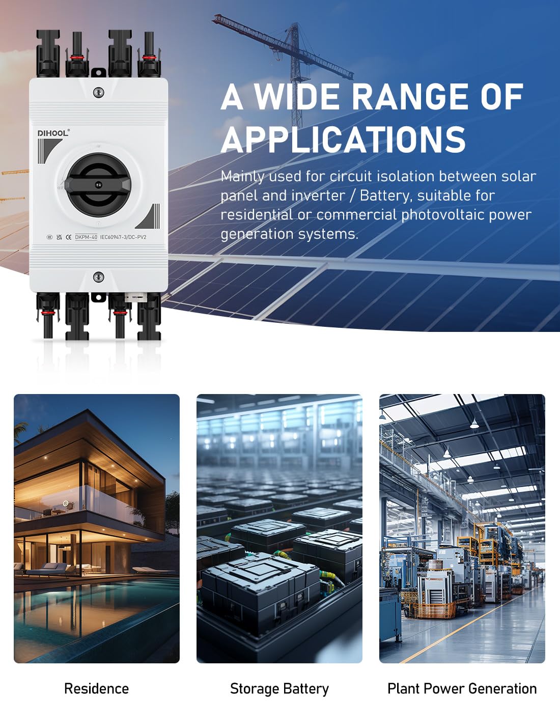 DIHOOL Solar Disconnect Switch IP66 Waterproof 30 Amp 2 Strings 2 in 2 Out 600V