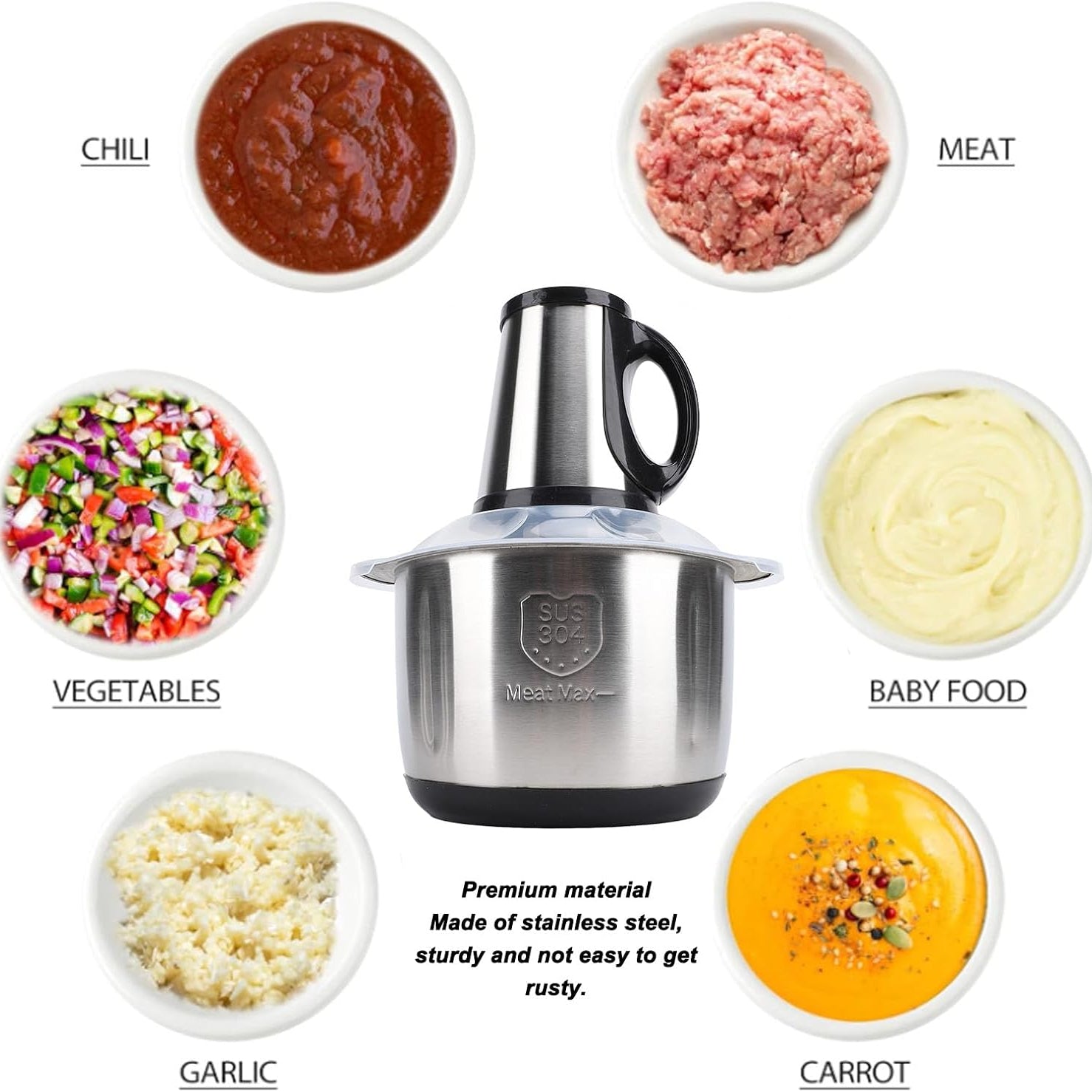 5L Stainless Steel Food Processor with 500W Copper Motor