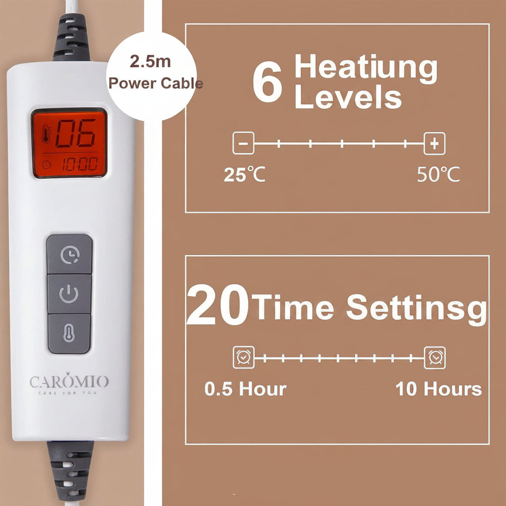 CAROMIO Electric Blanket 130 x 180 cm 6 Heat Settings Auto Shut-Off Grey