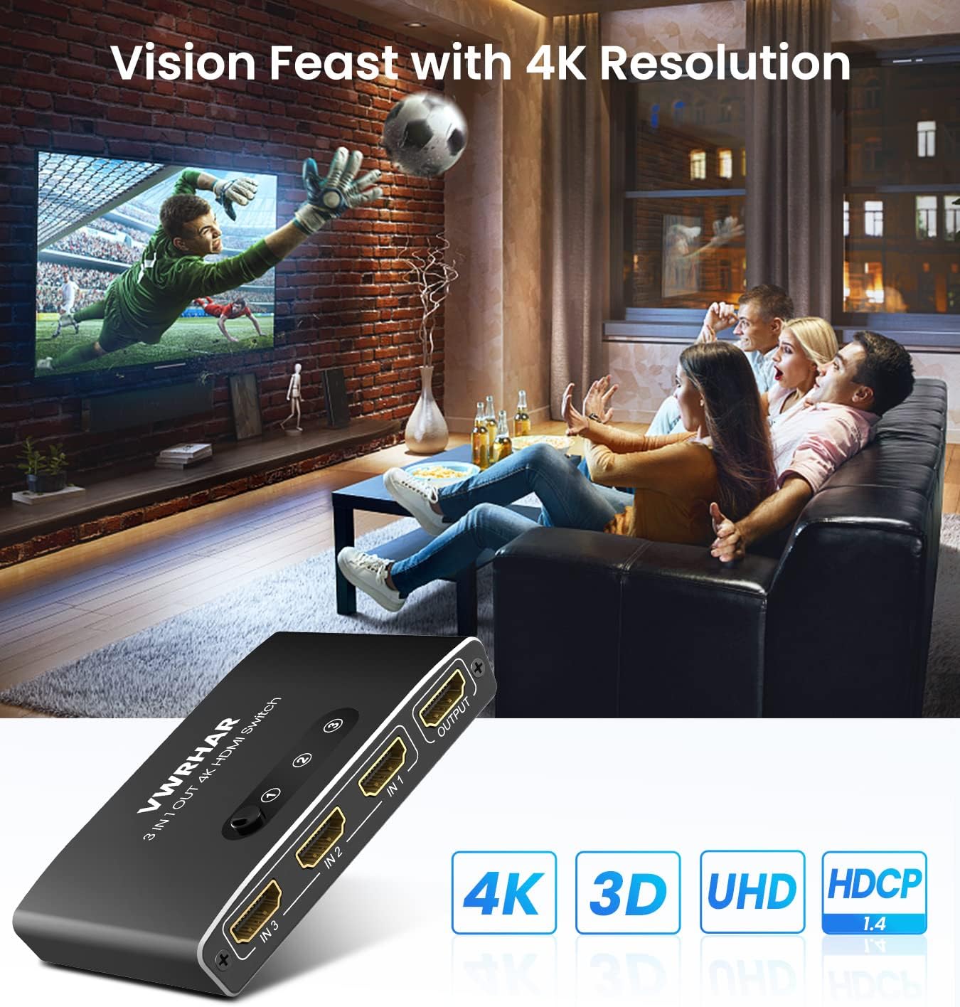 VWRHar 4K2301A 3-Port HDMI Switch 4K UHD with Remote Control Black
