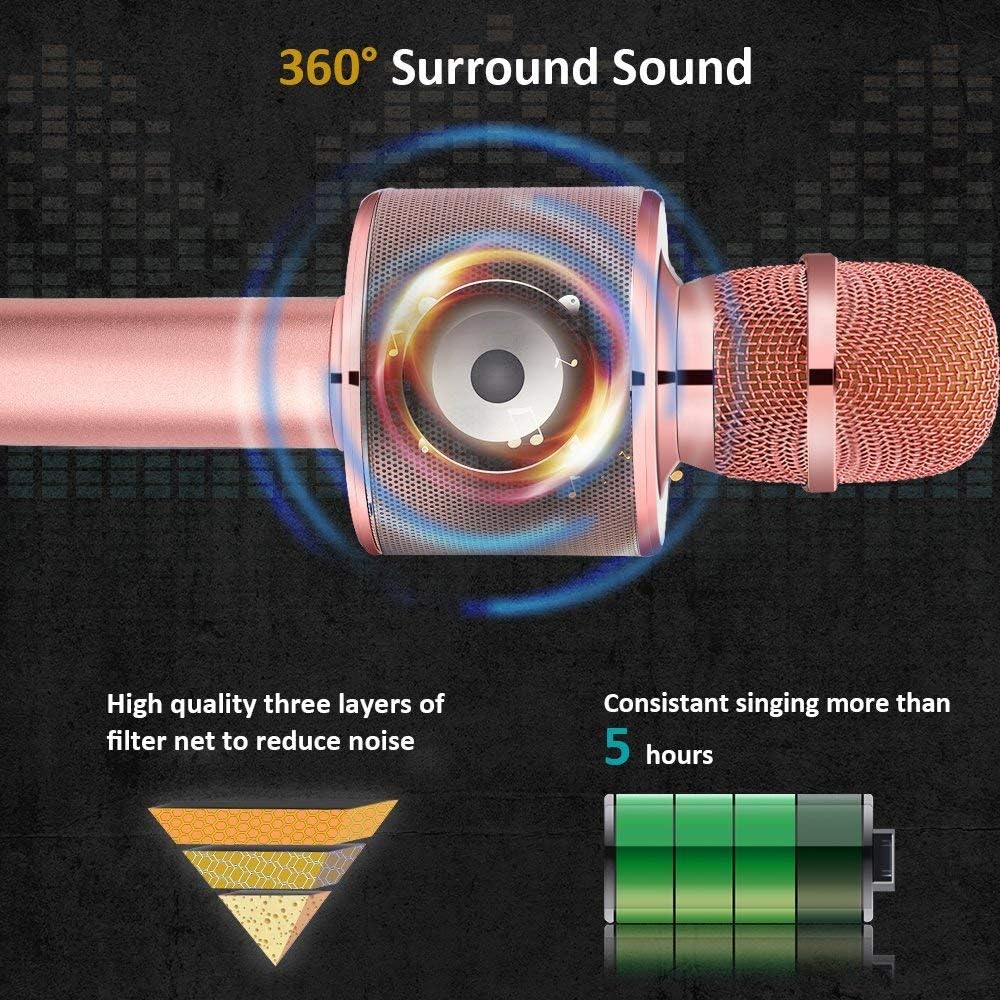 BONAOK Rose Gold Bluetooth Karaoke Microphone 3-in-1 Portable Speaker