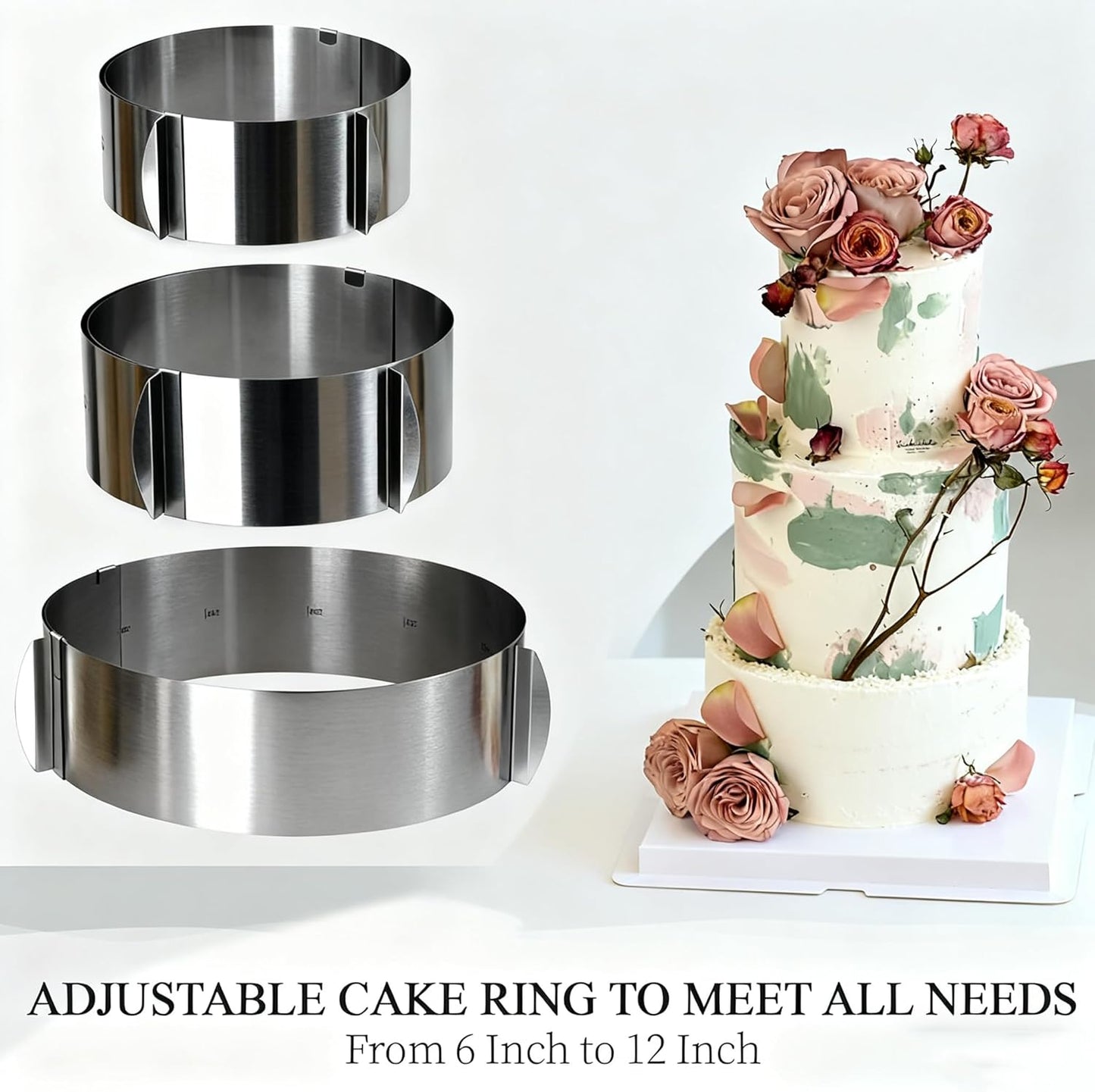 Iwinna Adjustable Extra-High Stainless Steel Cake Ring 15-30cm
