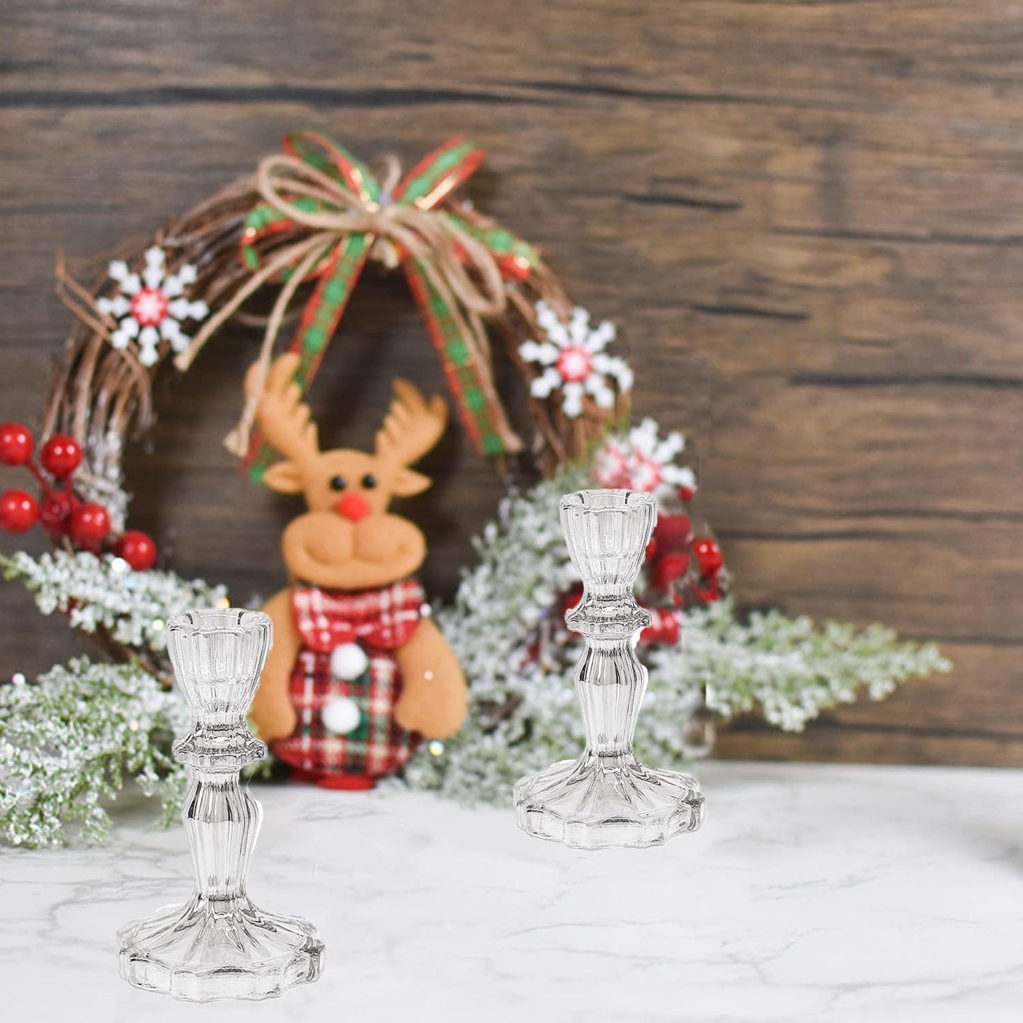 Elegant Clear Glass Candlestick Holder – Floral Design for Events