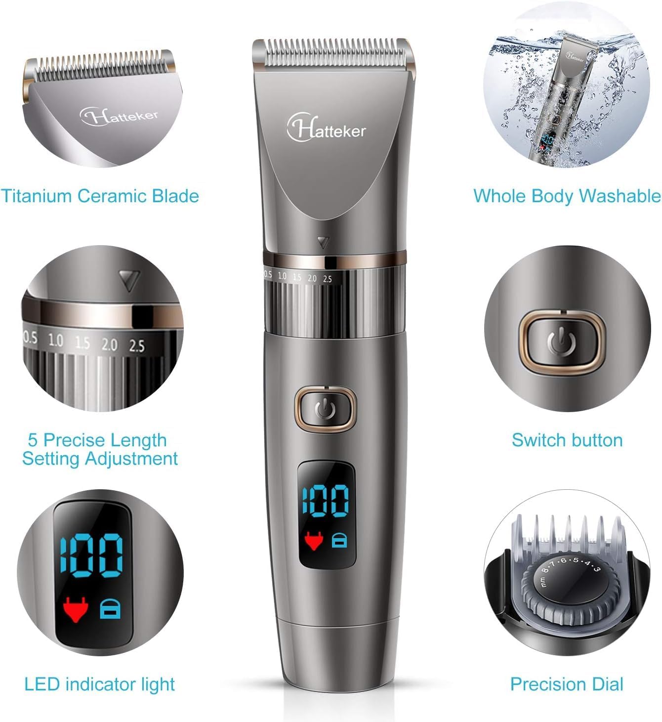 Hatteker RFC-690 Cordless Beard Trimmer Kit, 2.5h Battery