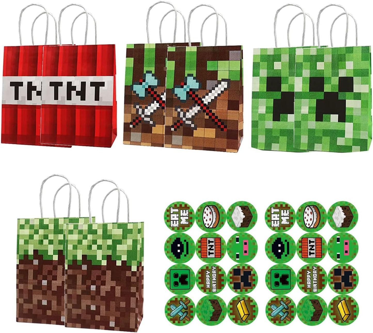 24 Pack Green Pixel Gift Bags with Top Handles