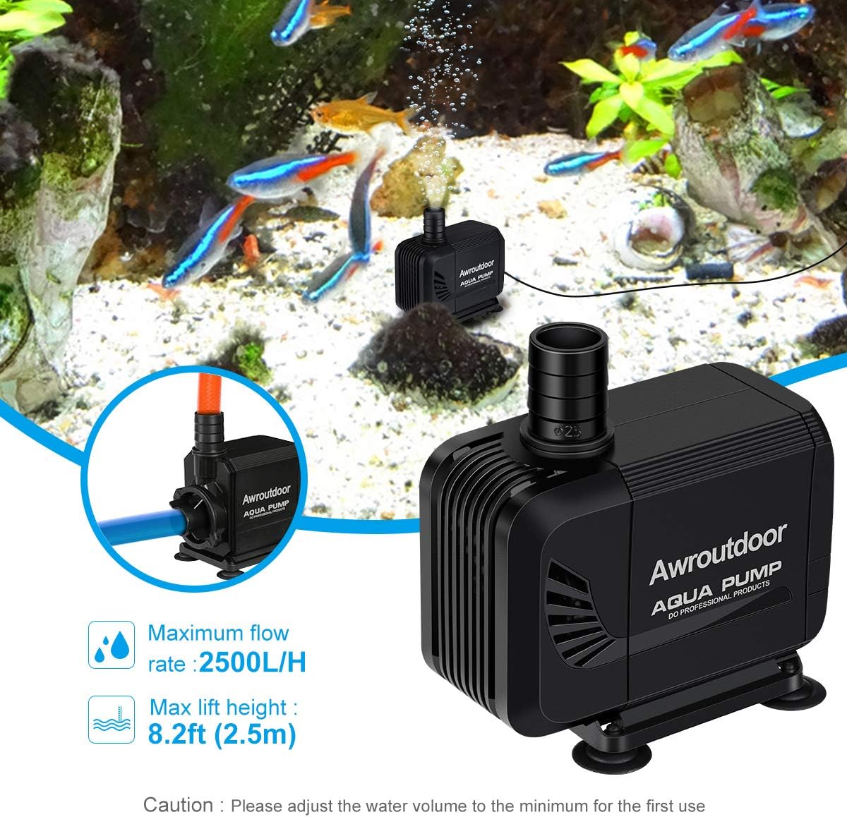 Awroutdoor Submersible Water Pump 35W 2500L/H 3 Nozzles for Aquarium Pond Fountain Hydroponics