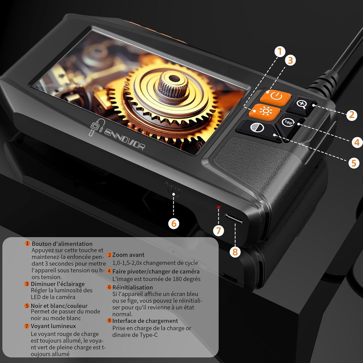 Ennovor 4.3" 1920P HD Endoscopic Inspection Camera with 8 LEDs