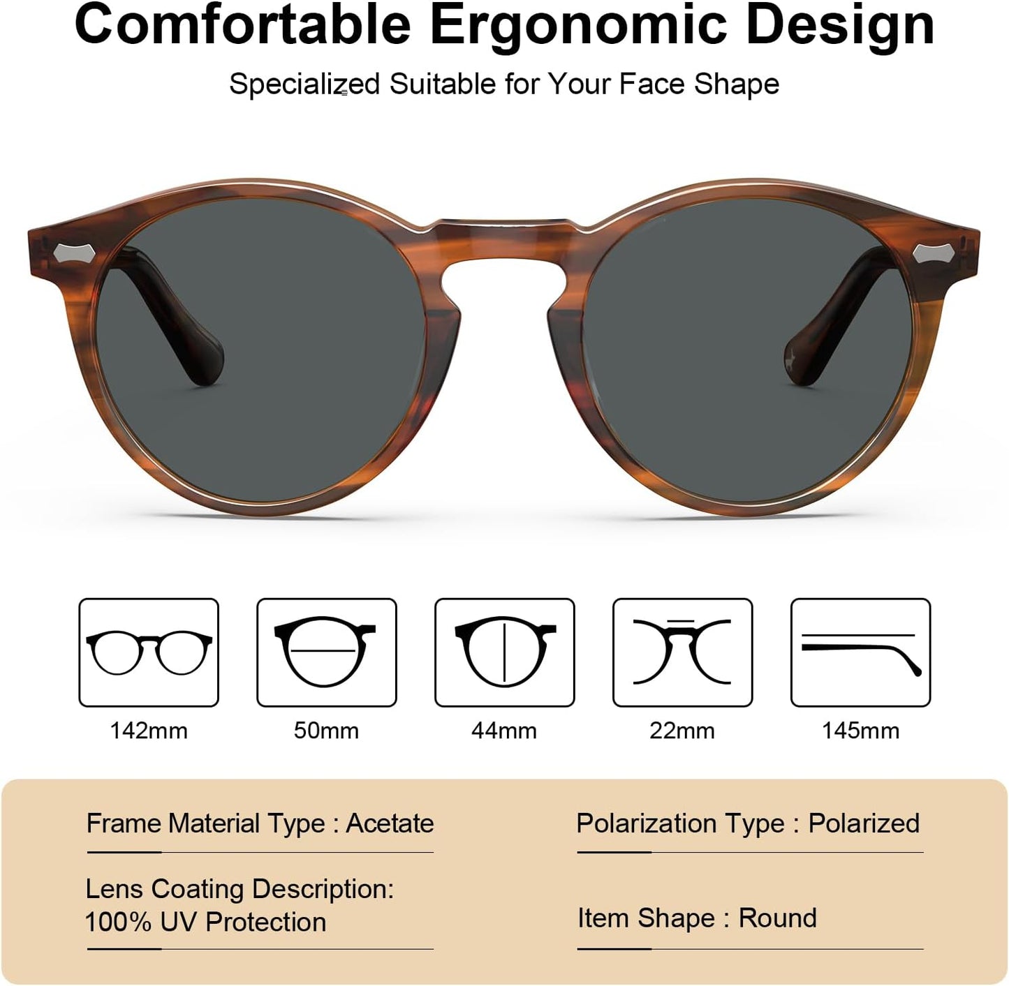 CARFIA Men's Polarized Retro Round Acetate Sunglasses UV400
