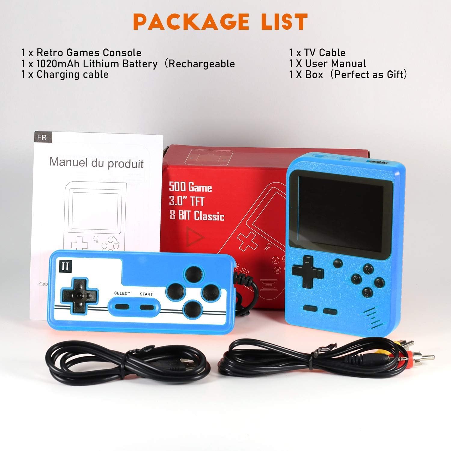 Hbaid Blue01 Retro Handheld Game Console 500 FC Games 3" Screen TV Output for Kids Adults