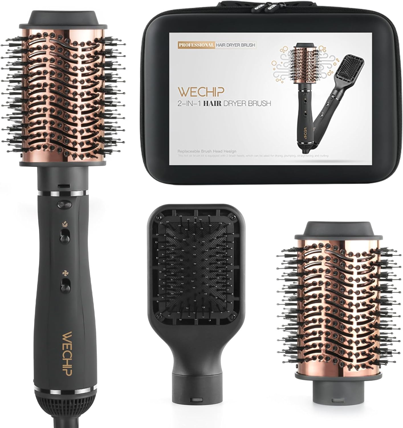 WeChip 2-in-1 Hot Air Brush – Detachable Hair Dryer, Ceramic Negative Ion, 3 Temp Settings