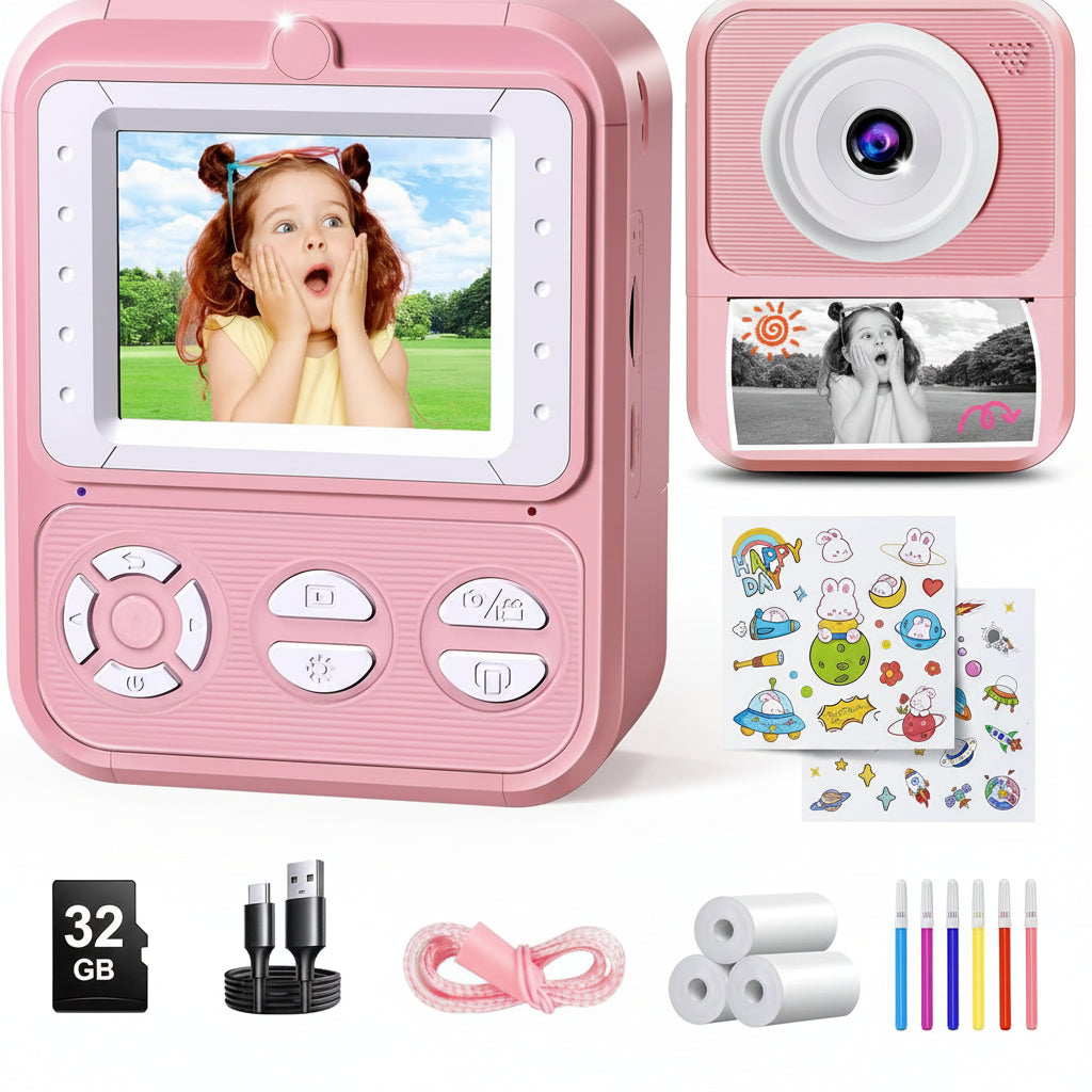Korffe P7 Children's Instant Camera with 3 Rolls Printing Paper 32GB Card 2.4 Inch Screen 6 Coloured Pens