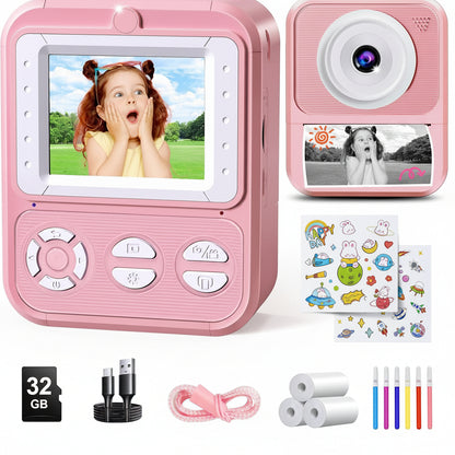 Korffe P7 Children's Instant Camera with 3 Rolls Printing Paper 32GB Card 2.4 Inch Screen 6 Coloured Pens