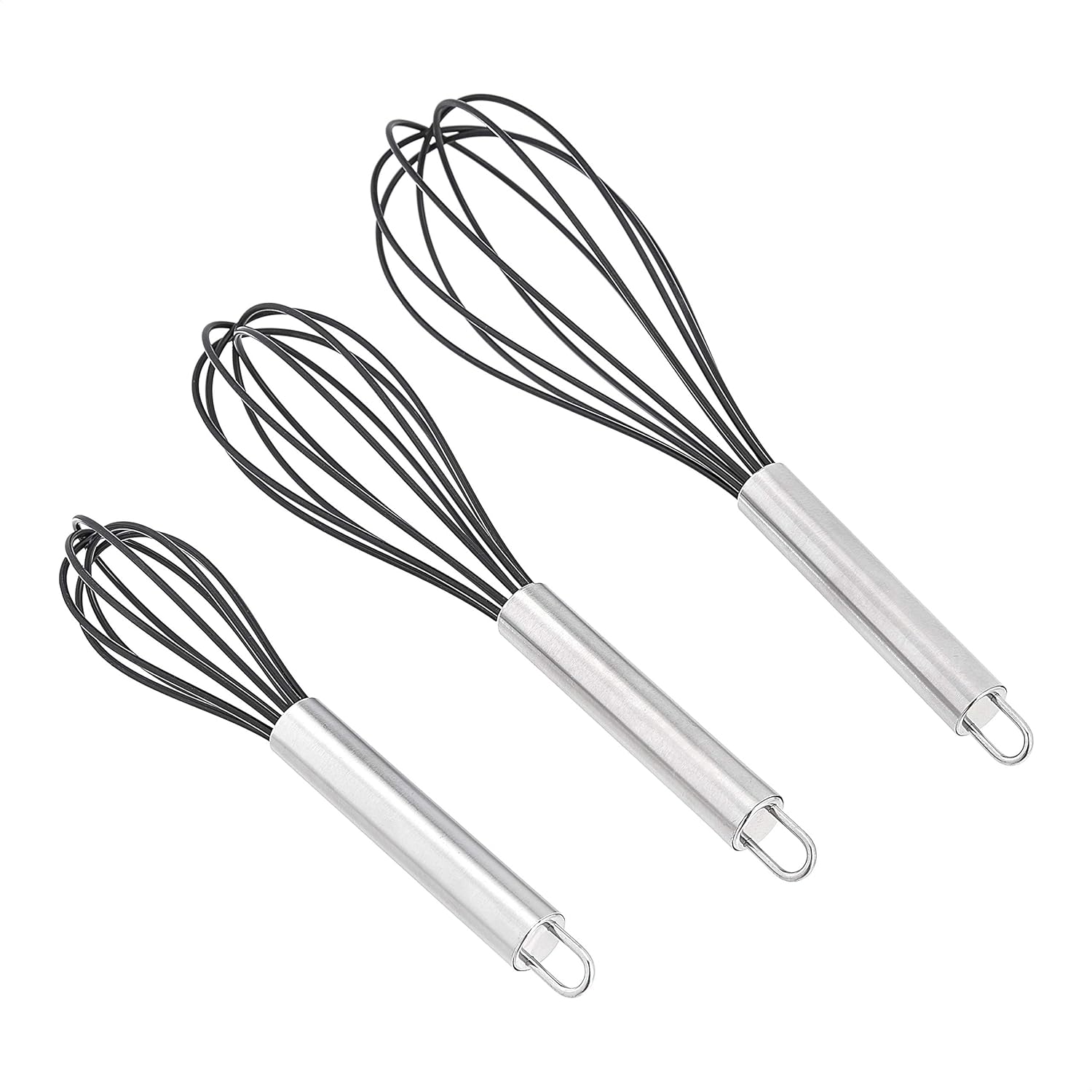 Amazon Basics 3-Piece Stainless Steel Silicone Whisk Set Black