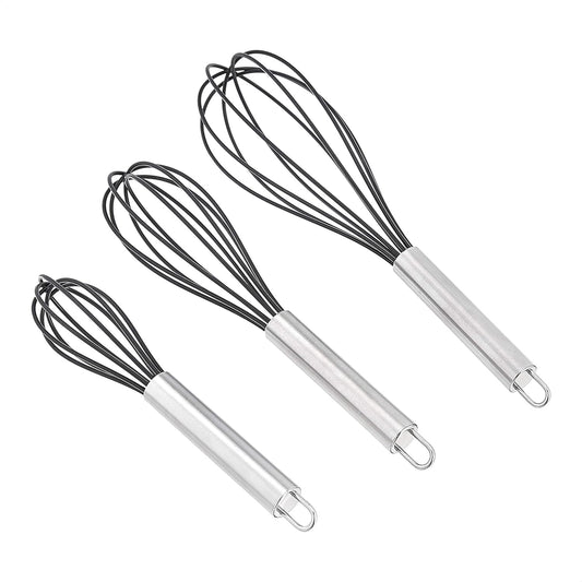 Amazon Basics 3-Piece Stainless Steel Silicone Whisk Set Black