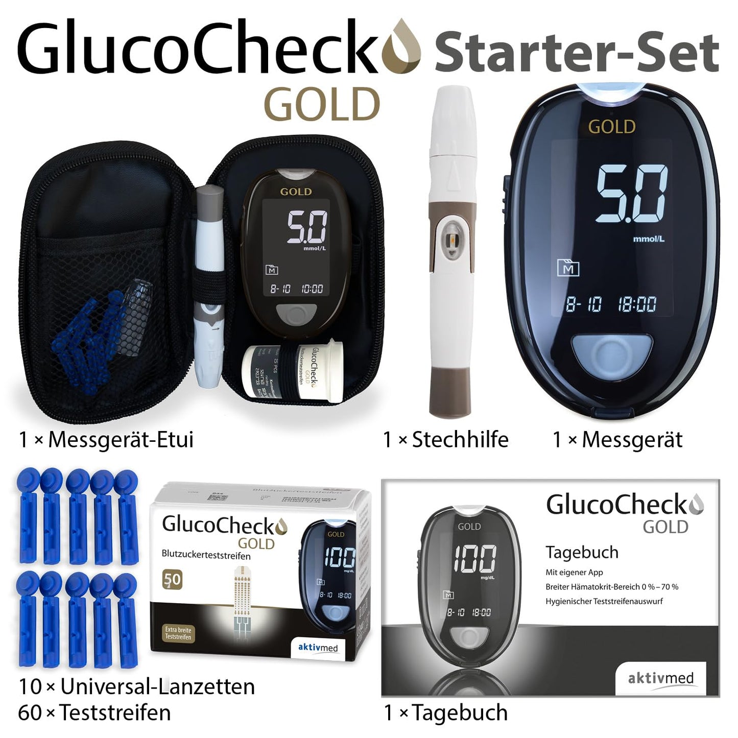 GlucoCheck Gold Blood Glucose Meter Set with 60 Strips