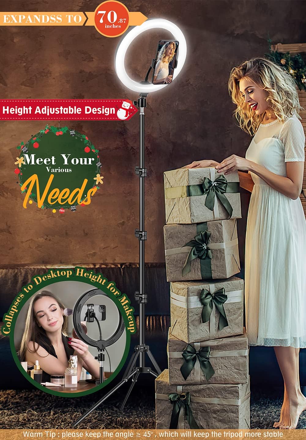 LIPETY F10-260CW 25.4 cm Ring Light with Tripod Stand & Phone Holder 177.8 cm Tall LED Lamp