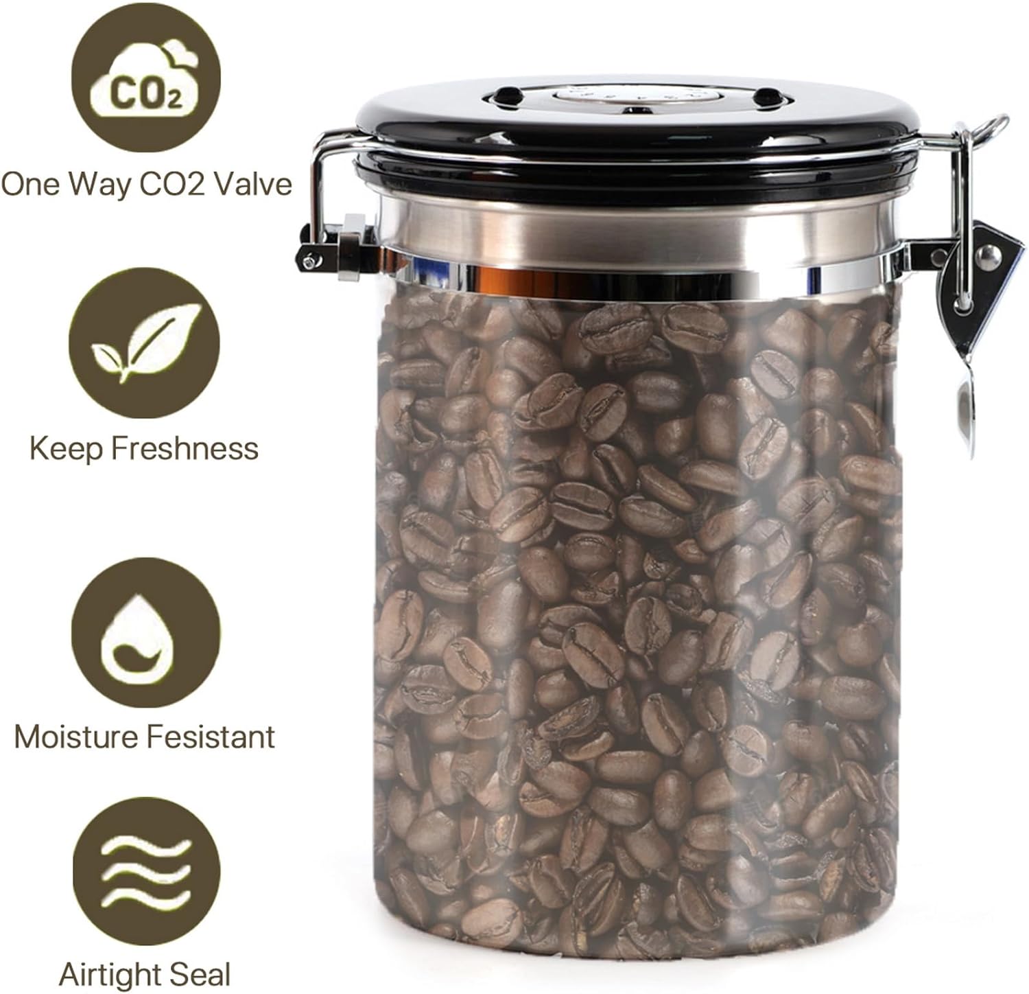 SUEIANNMN 1.8L Airtight Stainless Steel Coffee Canister with Freshness Tracker