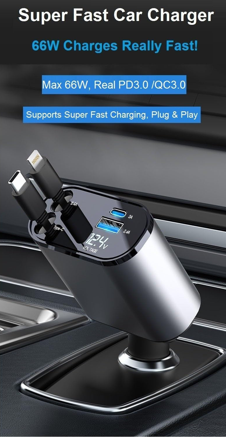 KAMISAFE PT-16 4-in-1 Retractable Car Charger 66W USB-C Lightning Cords Cigarette Lighter Adapter for iPhone 15 14 13 Samsung Galaxy S24 S23 Pixel Tablet