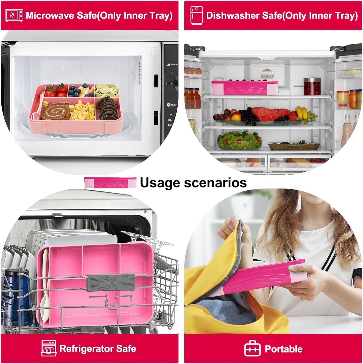 Laspi Pink 1300ml Bento Lunch Box with Cutlery, 3 Compartments