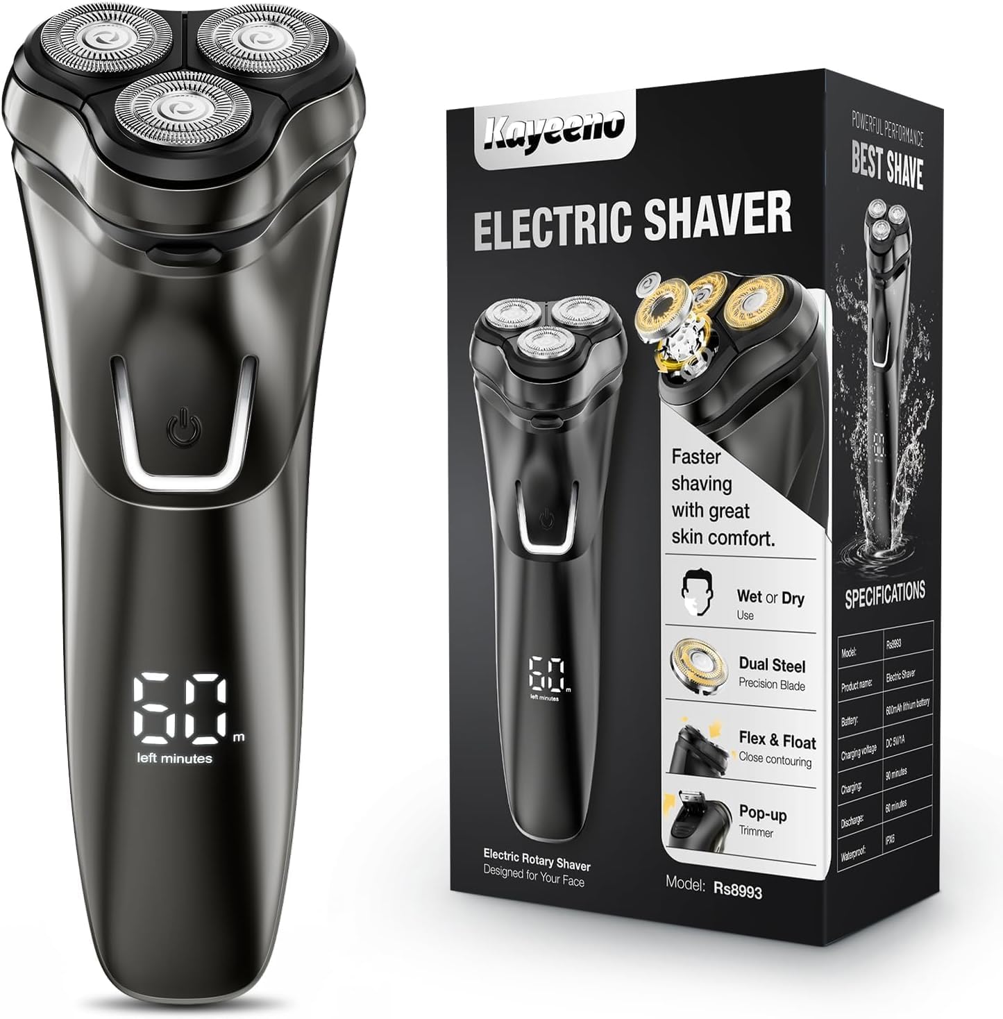 Kayeeno 65,000 RPM Cordless Wet/Dry Electric Razor with Pop‑up Trimmer