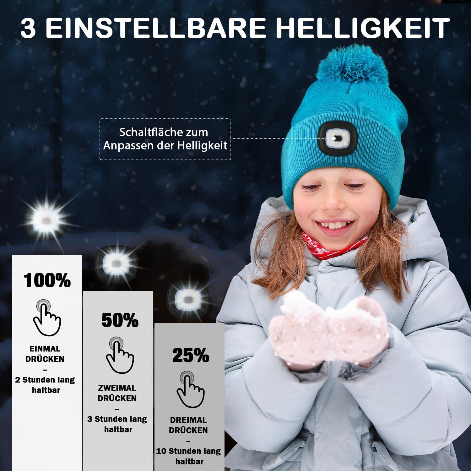 Deilin Girls' LED Bobble Hat: USB Rechargeable Winter Knit Beanie with Headlamp