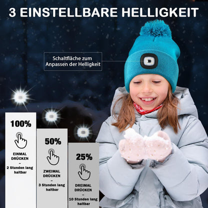 Deilin Girls' LED Bobble Hat: USB Rechargeable Winter Knit Beanie with Headlamp