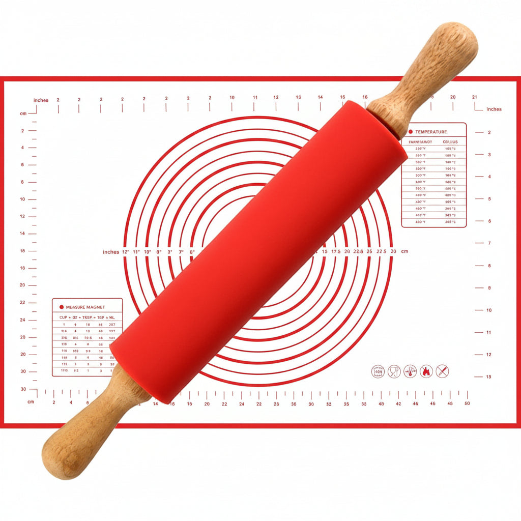 Donado Silicone Rolling Pin and Baking Mat Set with Measurements 38 cm Red