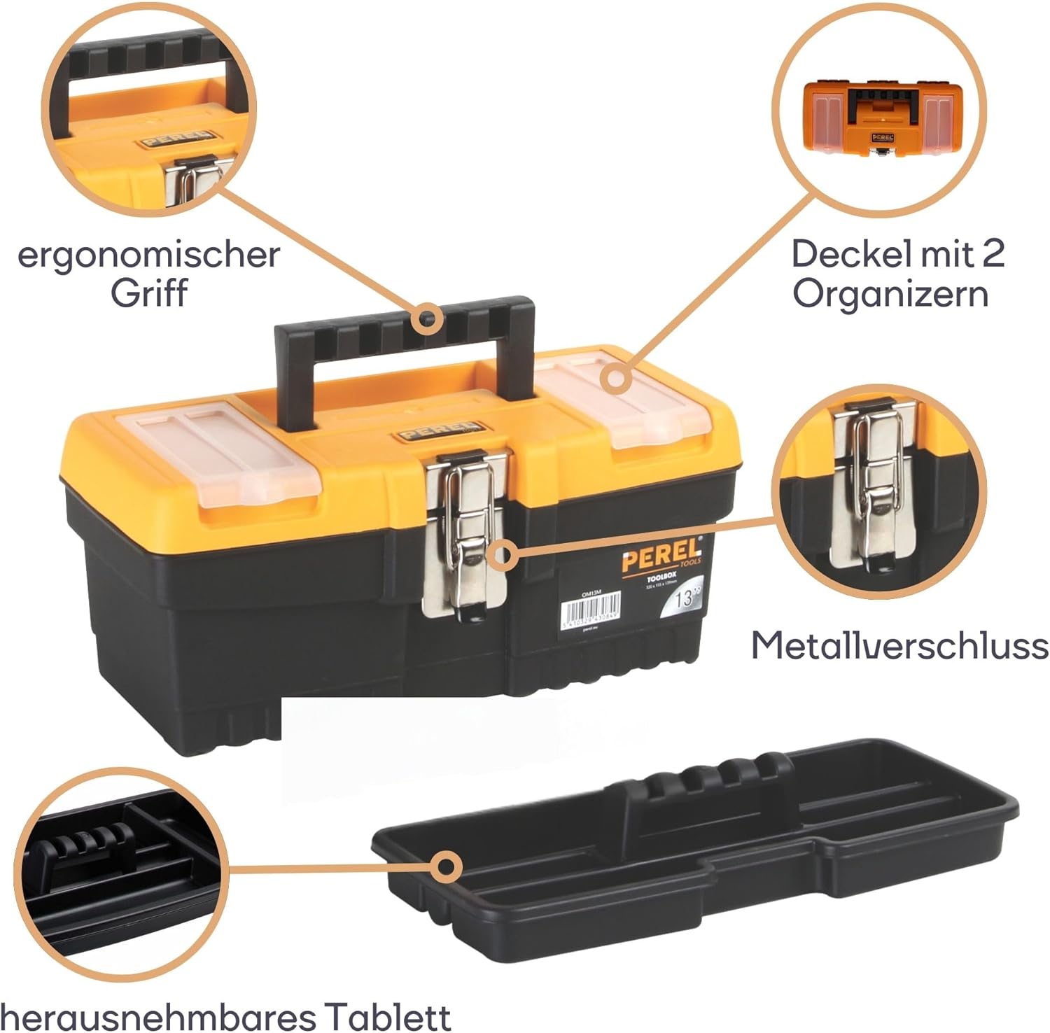 Perel 13‑inch Plastic Tool Box with Metal Latch