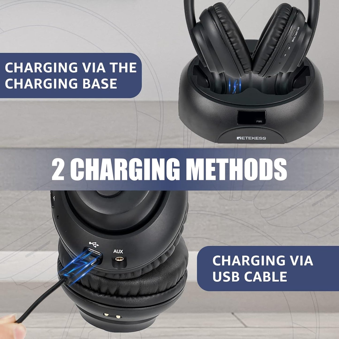 Retekess TA006 Wireless TV Headphones with Charging Dock, 100ft Range