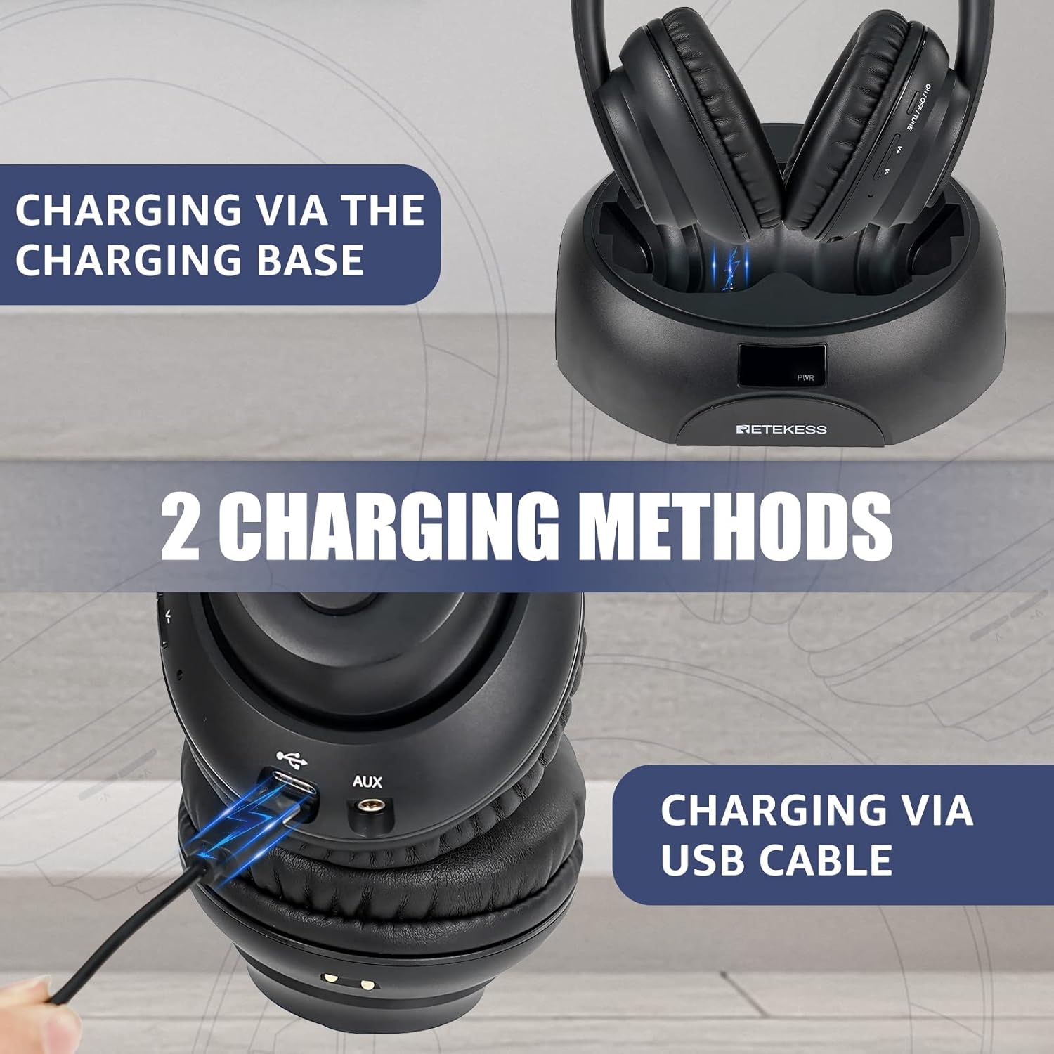 Retekess TA006 Wireless TV Headphones with Charging Dock, 100ft Range