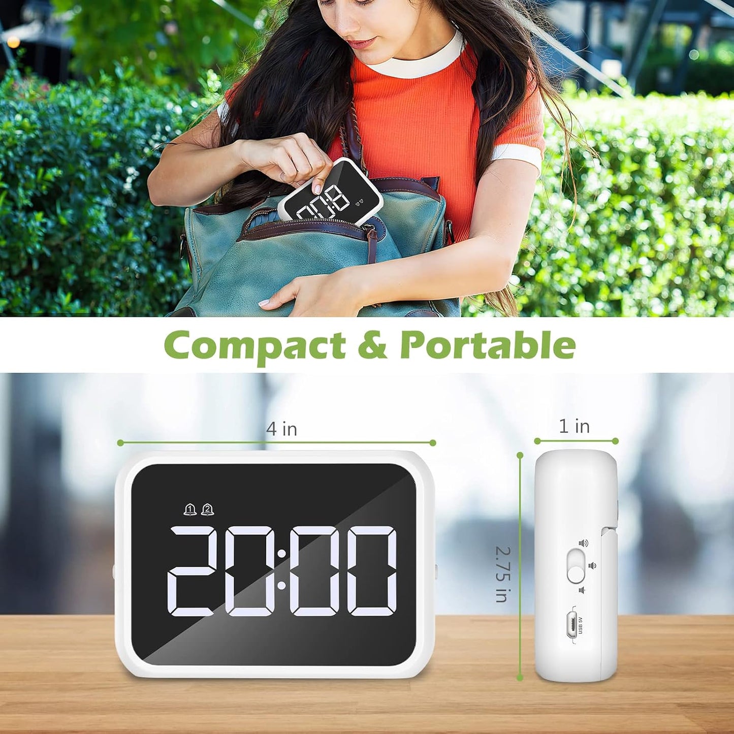 KeeKit Digital Alarm Clock 4in LED Display USB 2 Alarms 3 Brightness 3 Volume Levels