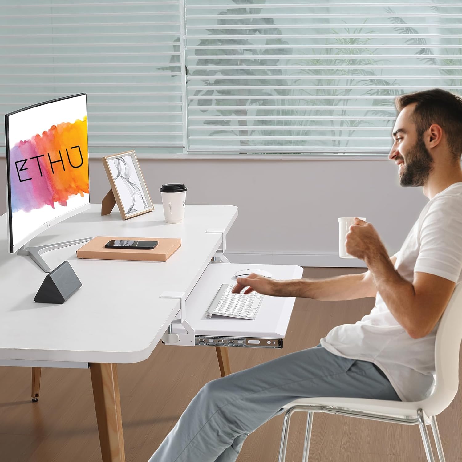 ETHU White Under Desk Keyboard Tray with Storage Drawers