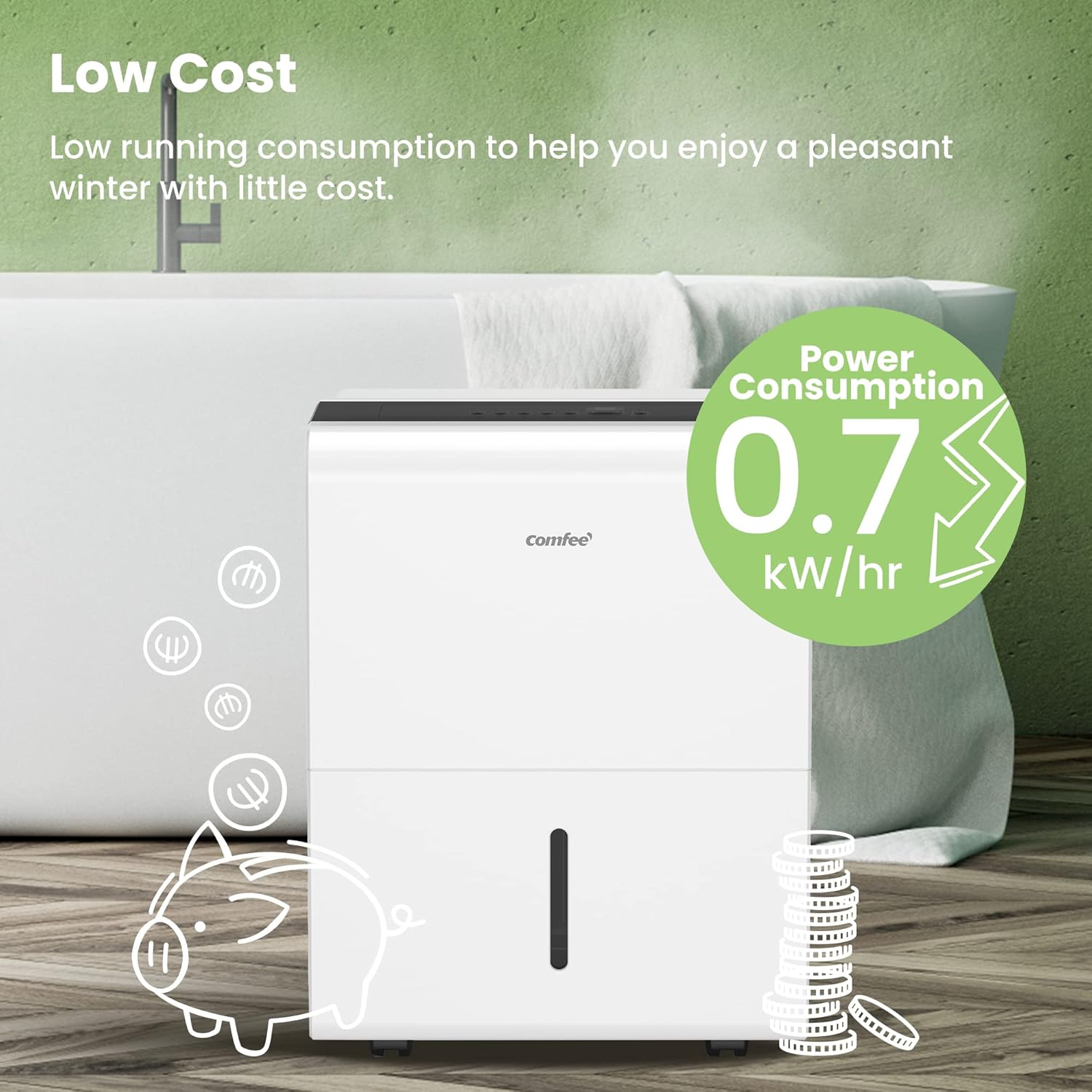 Comfee 30 Pint Dehumidifier for Large Rooms, Smart Dehumidification, 24-Hour Timer