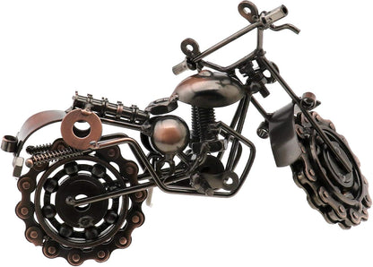 Retro Vintage Bronze Metal Motorcycle Sculpture with Rolling Wheels