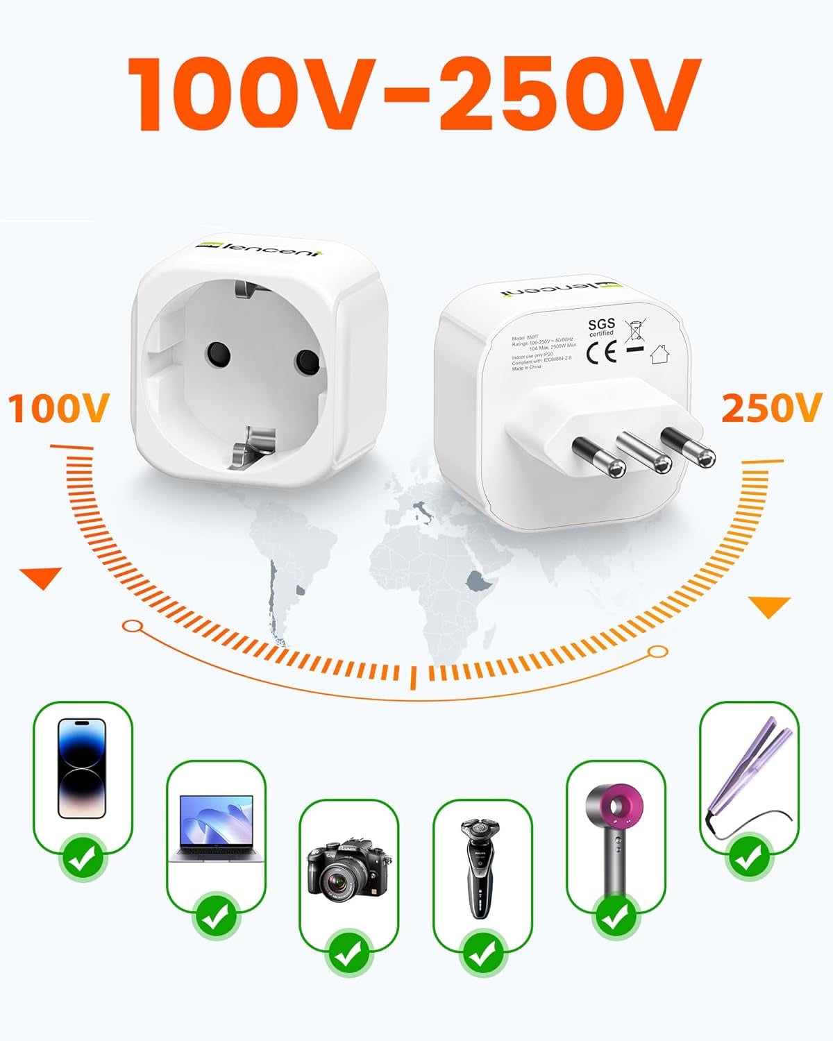 LENCENT 2-Pack Type L Travel Adapter for Italy & Uruguay