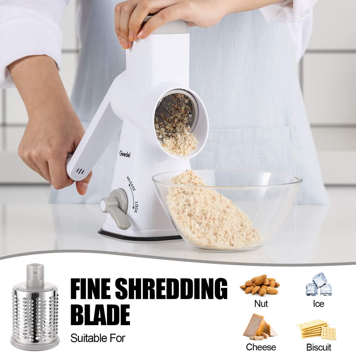 Rotary Cheese Grater with 3 Detachable Drum Blades, Dishwasher Safe