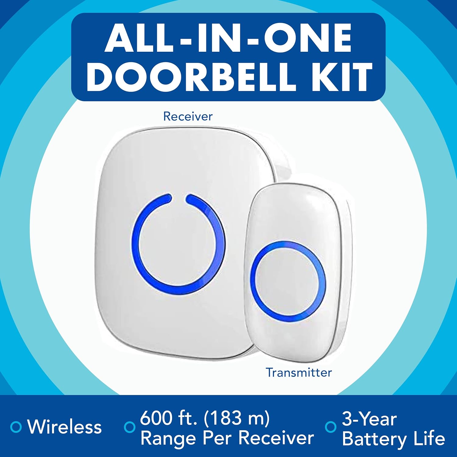 SadoTech Wireless Doorbell: 1 Button, 2 Chimes, Easy Install, Long Range, White