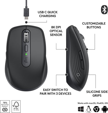 Logitech MX Anywhere 3S Compact Wireless Mouse with Quiet Clicks