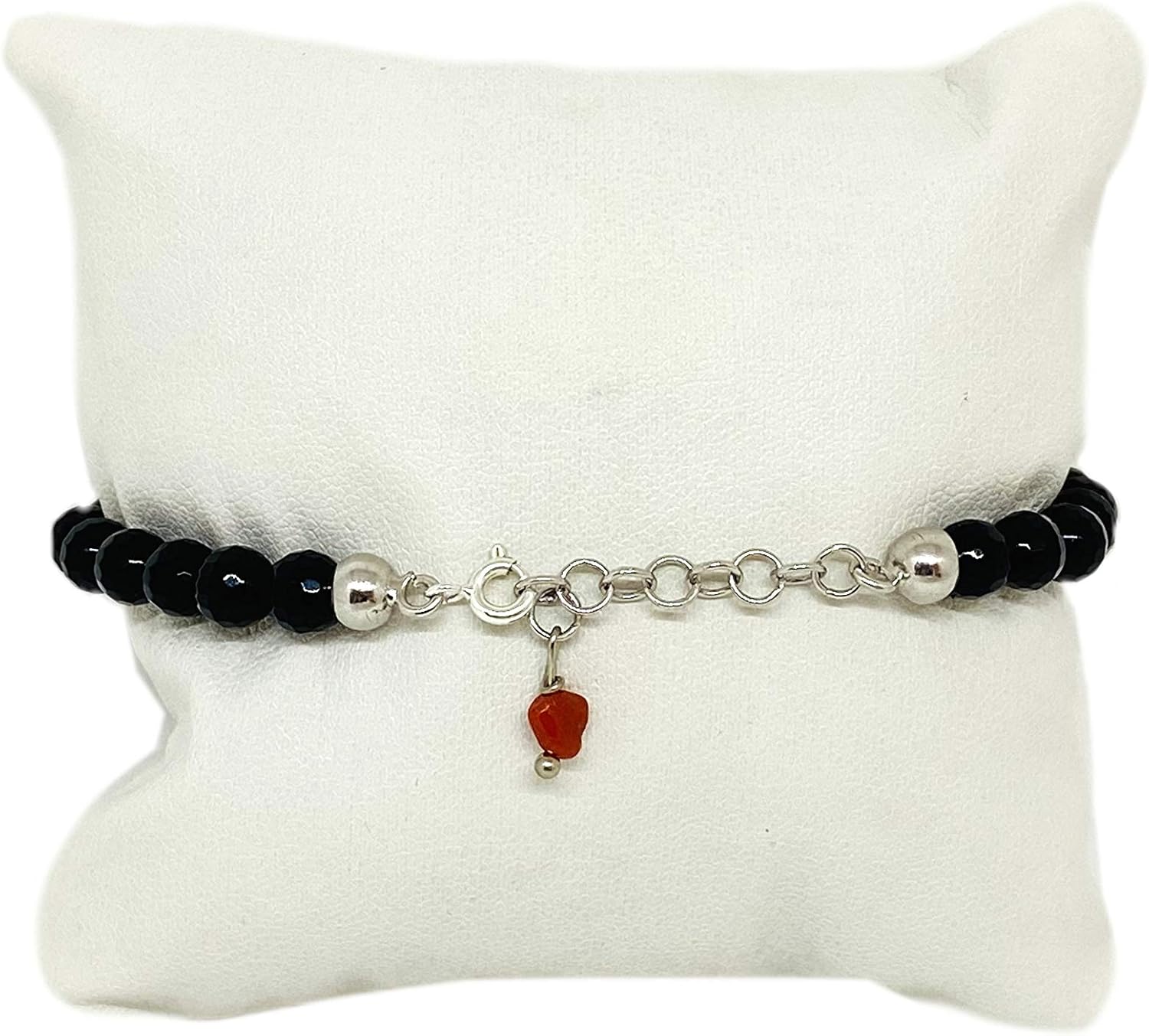 Handcrafted Mediterranean Red Coral Black Onyx Bracelet with Silver Closure
