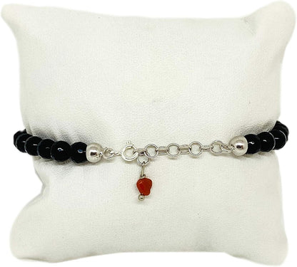 Handcrafted Mediterranean Red Coral Black Onyx Bracelet with Silver Closure