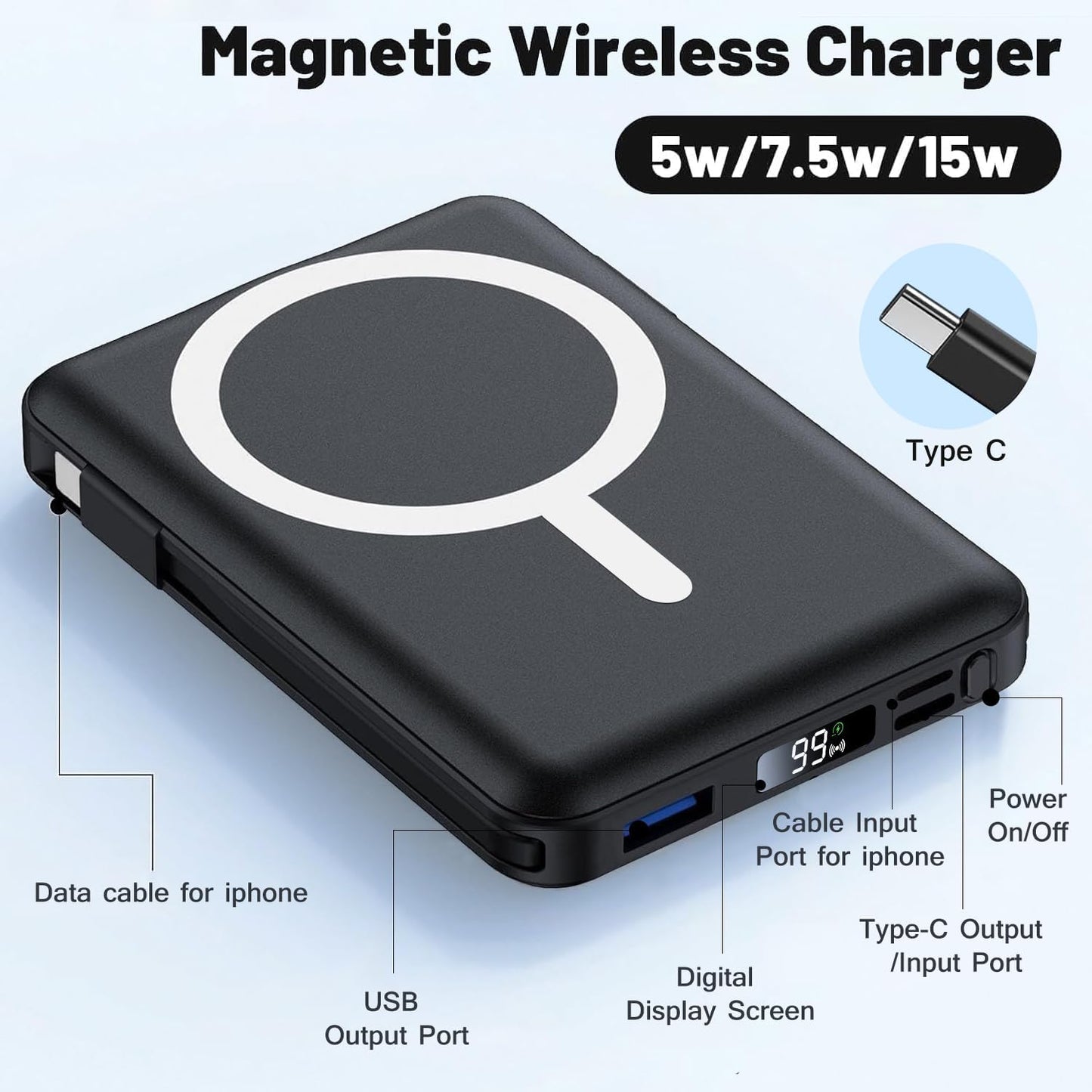 Azmuth KT-D020 10000mAh Magnetic Wireless Power Bank with USB-C Cable and LED Display