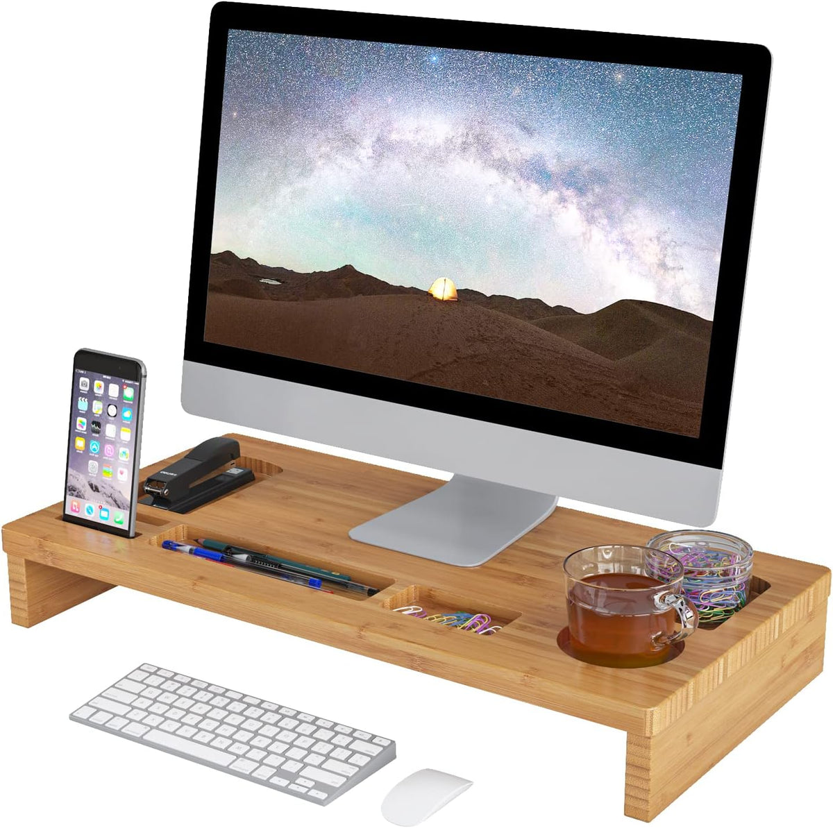 RUIYAN Bamboo Monitor Stand 60 x 30 x 8.5 cm with 7 Storage Compartments Ergonomic Desktop Riser