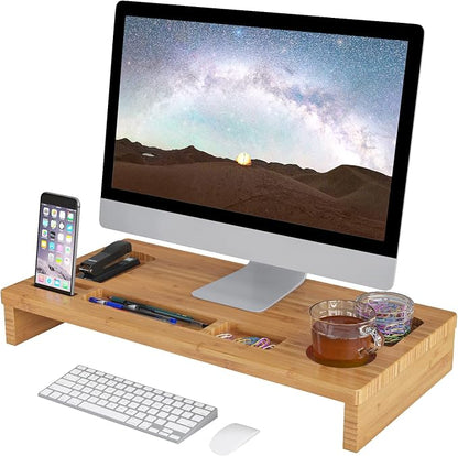 RUIYAN Bamboo Monitor Stand 60 x 30 x 8.5 cm with 7 Storage Compartments Ergonomic Desktop Riser