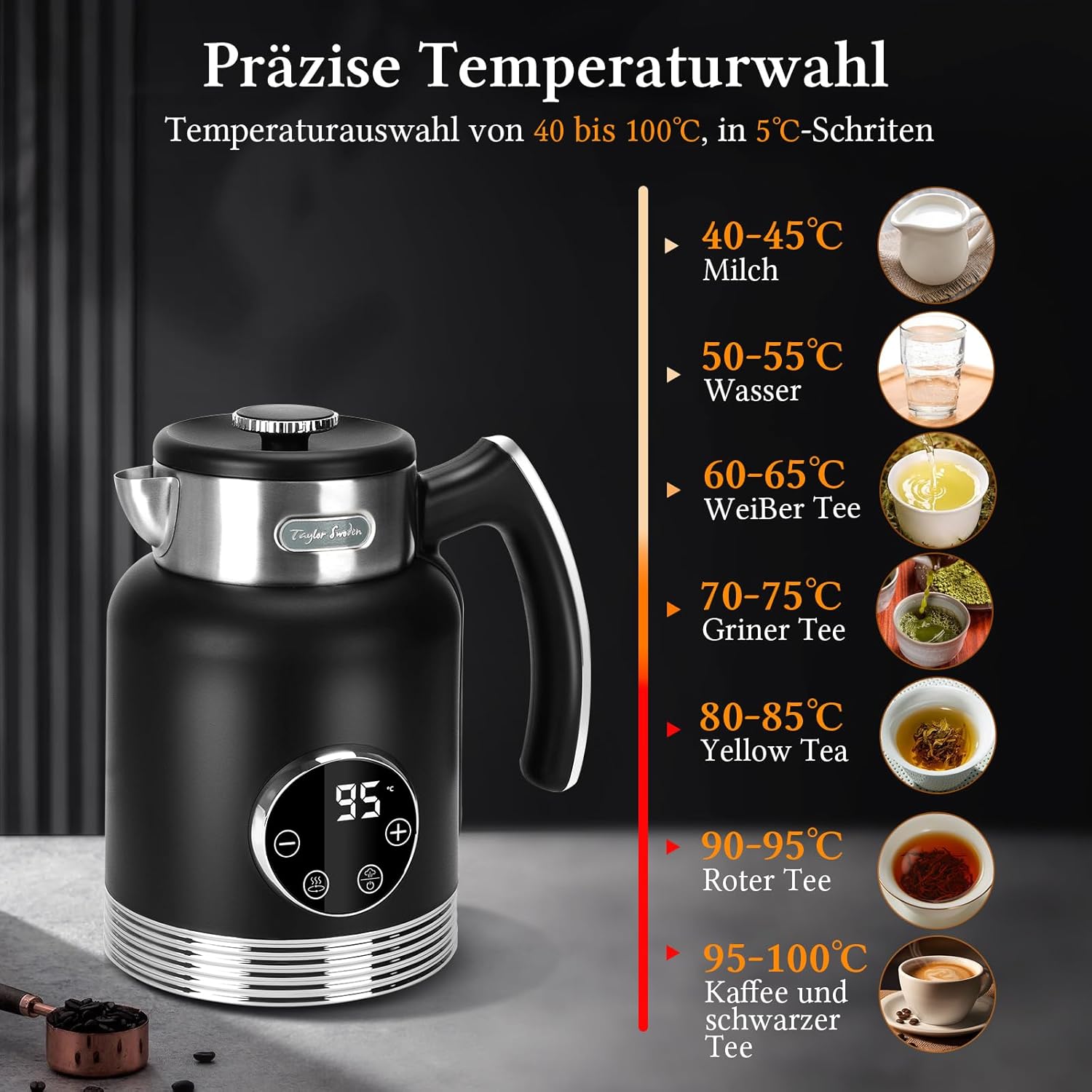 Taylor Swoden 2L Double-Walled Stainless Electric Kettle with Precise Temp